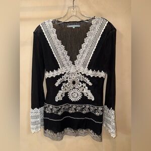 Passion Concept Womens Large Tunic Top Embellished Lace Jewel Broach Beaded Mesh